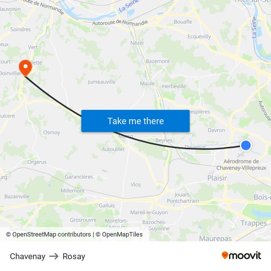 Chavenay to Rosay map