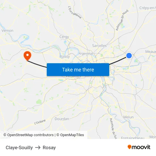 Claye-Souilly to Rosay map