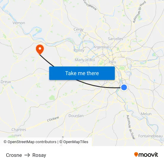Crosne to Rosay map