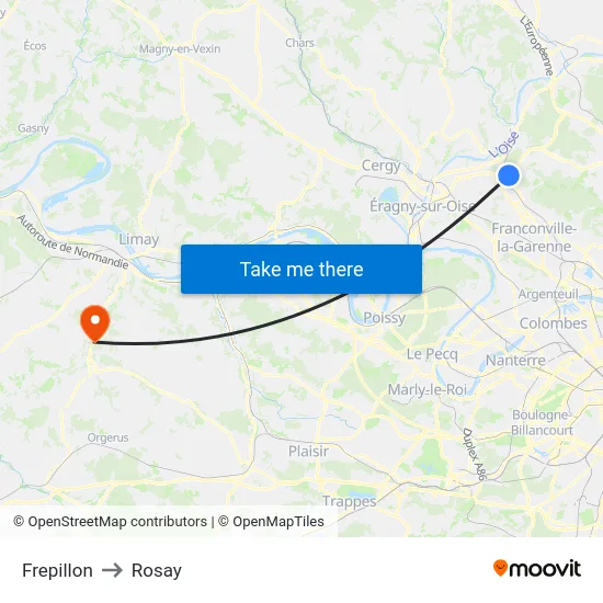Frepillon to Rosay map