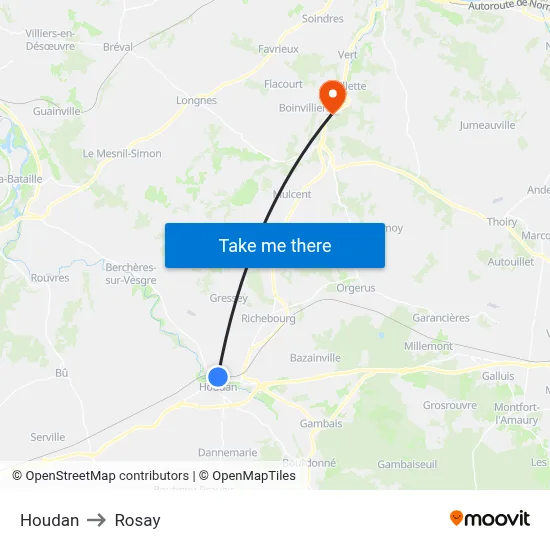 Houdan to Rosay map