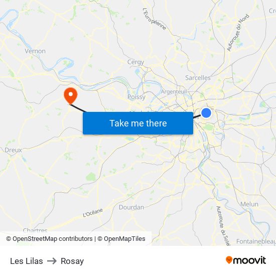 Les Lilas to Rosay map