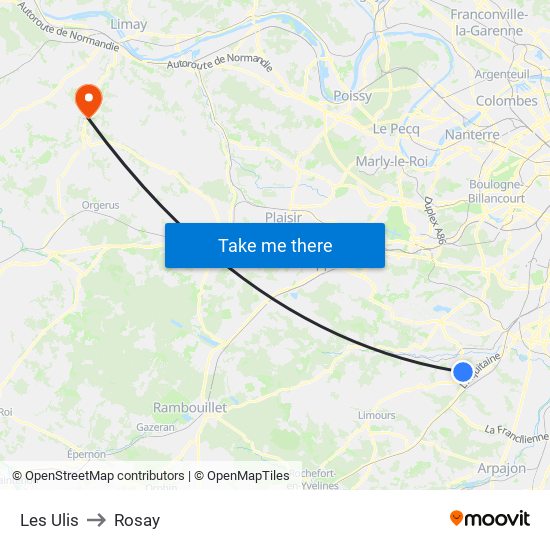 Les Ulis to Rosay map
