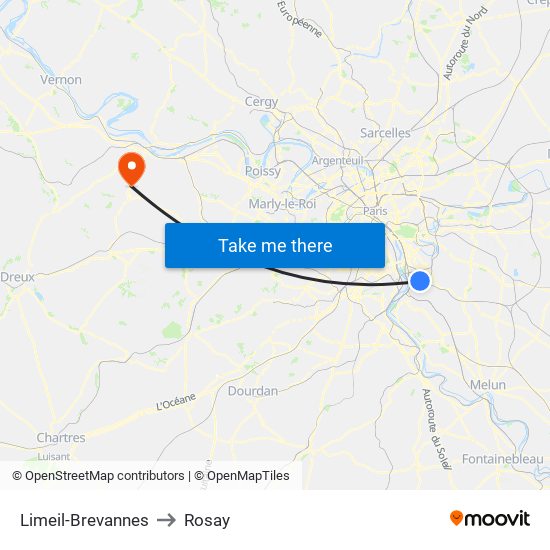 Limeil-Brevannes to Rosay map