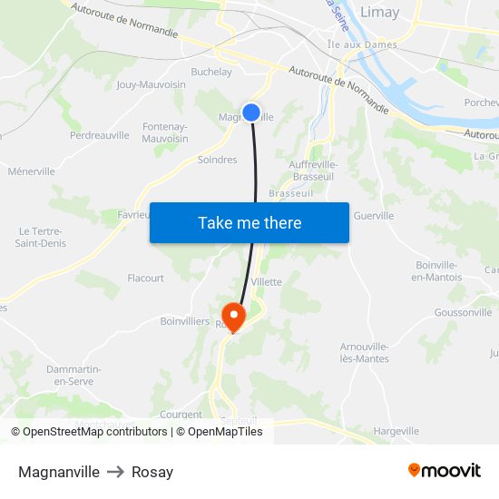 Magnanville to Rosay map