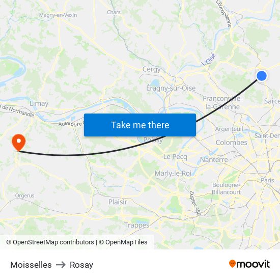 Moisselles to Rosay map