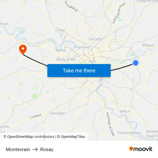 Montevrain to Rosay map
