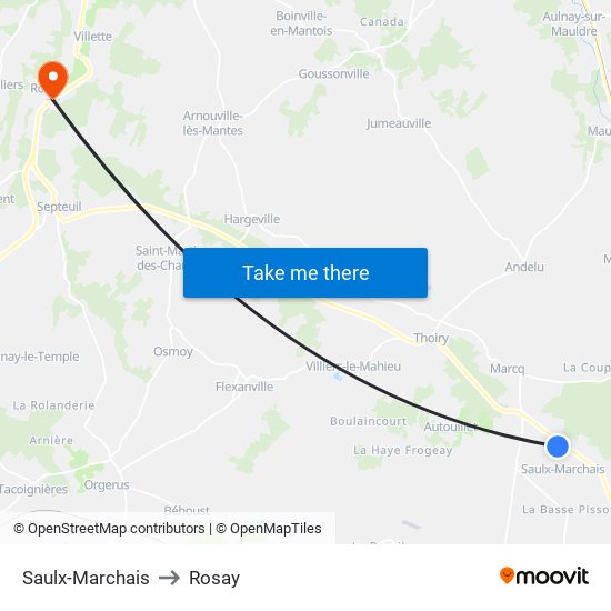 Saulx-Marchais to Rosay map