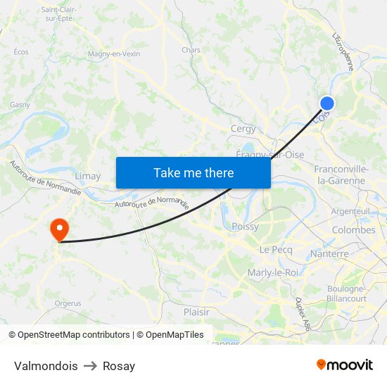 Valmondois to Rosay map