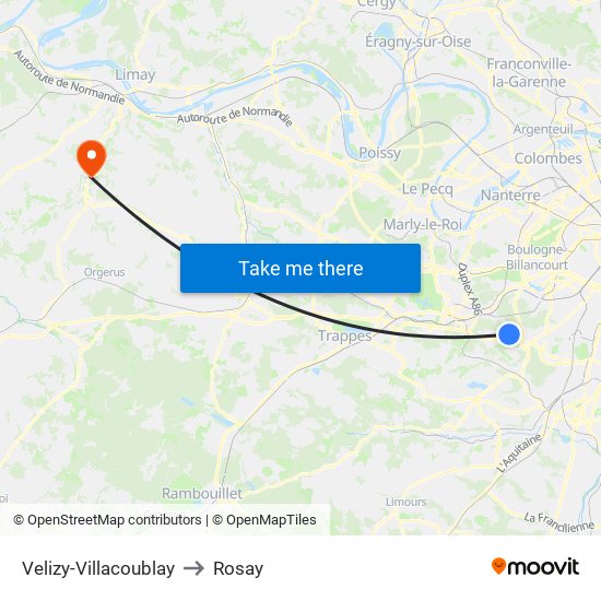 Velizy-Villacoublay to Rosay map