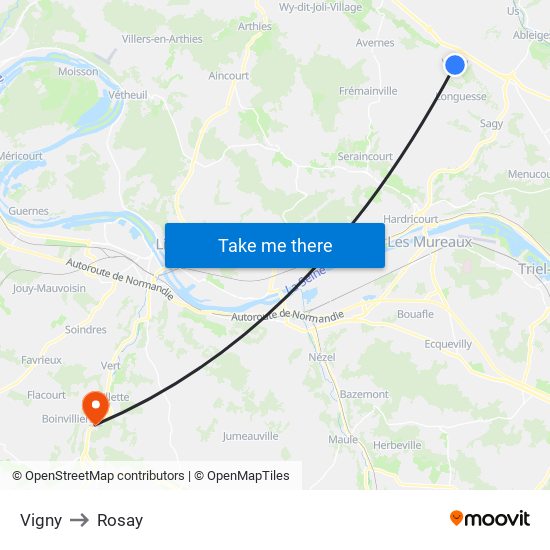 Vigny to Rosay map