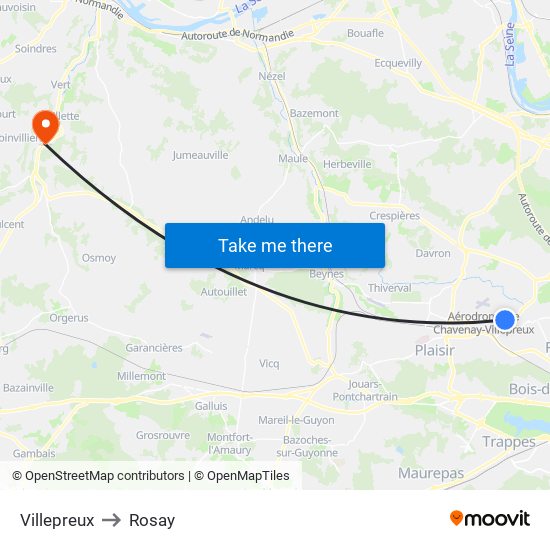 Villepreux to Rosay map