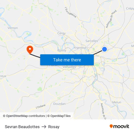 Sevran Beaudottes to Rosay map