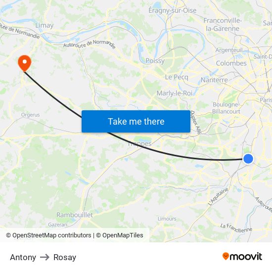 Antony to Rosay map