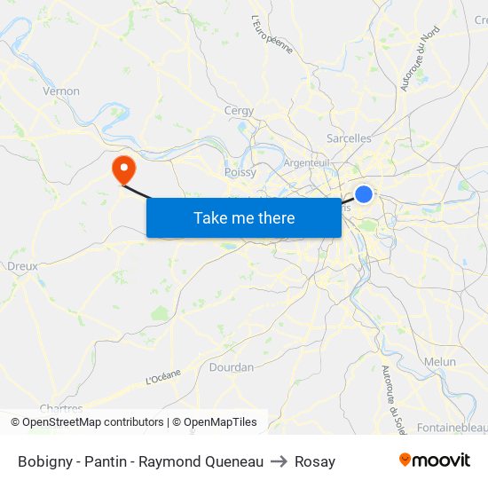 Bobigny - Pantin - Raymond Queneau to Rosay map