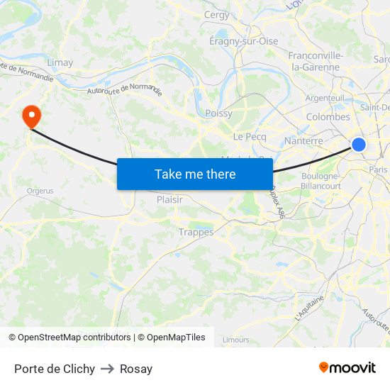 Porte de Clichy to Rosay map