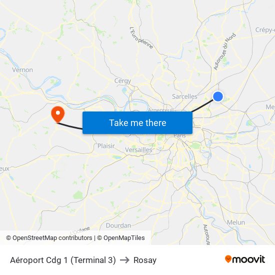 Aéroport Cdg 1 (Terminal 3) to Rosay map