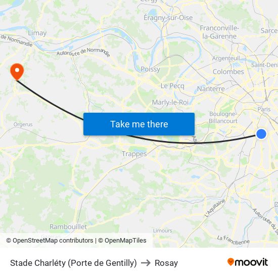 Stade Charléty (Porte de Gentilly) to Rosay map