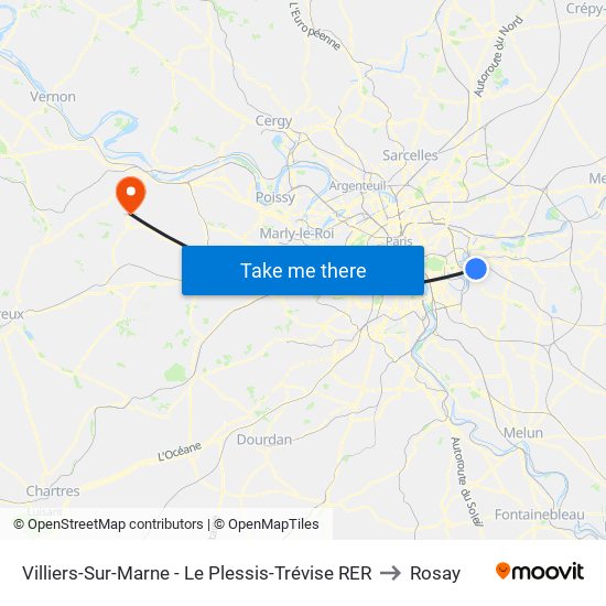 Villiers-Sur-Marne - Le Plessis-Trévise RER to Rosay map