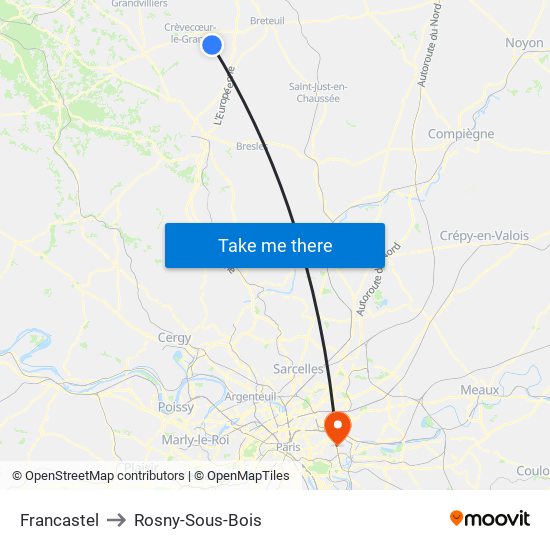 Francastel to Rosny-Sous-Bois map