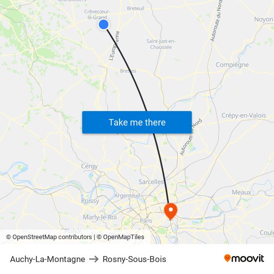 Auchy-La-Montagne to Rosny-Sous-Bois map