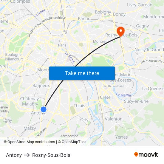 Antony to Rosny-Sous-Bois map