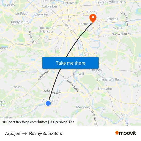 Arpajon to Rosny-Sous-Bois map