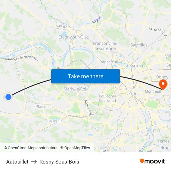 Autouillet to Rosny-Sous-Bois map
