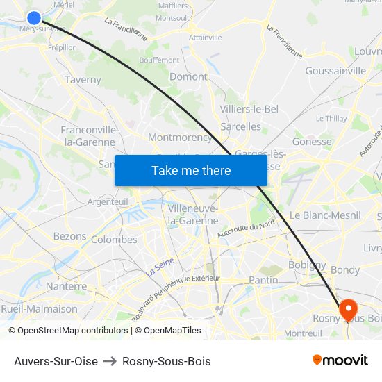 Auvers-Sur-Oise to Rosny-Sous-Bois map