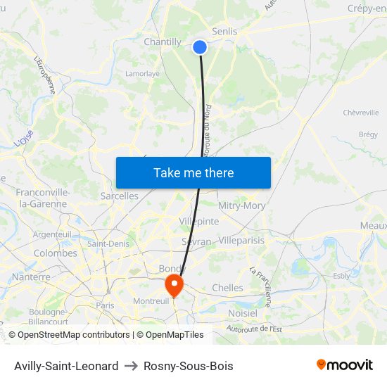 Avilly-Saint-Leonard to Rosny-Sous-Bois map
