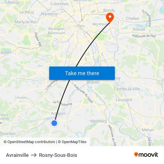 Avrainville to Rosny-Sous-Bois map