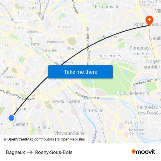 Bagneux to Rosny-Sous-Bois map