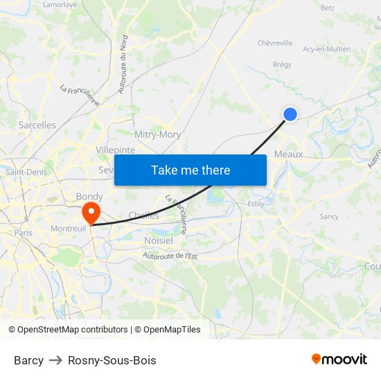 Barcy to Rosny-Sous-Bois map