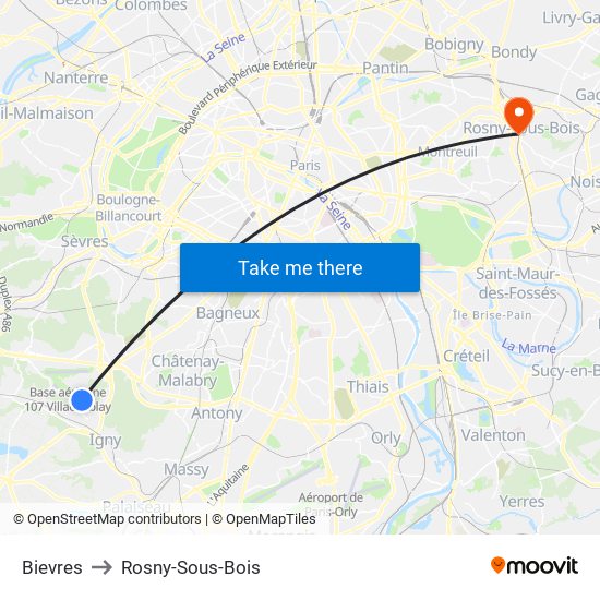 Bievres to Rosny-Sous-Bois map