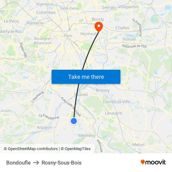 Bondoufle to Rosny-Sous-Bois map