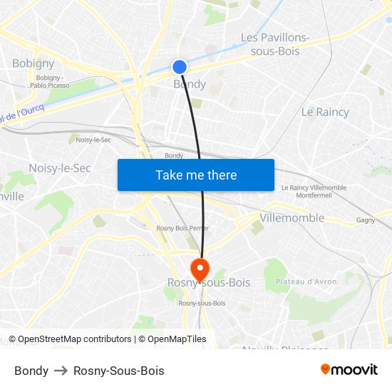 Bondy to Rosny-Sous-Bois map