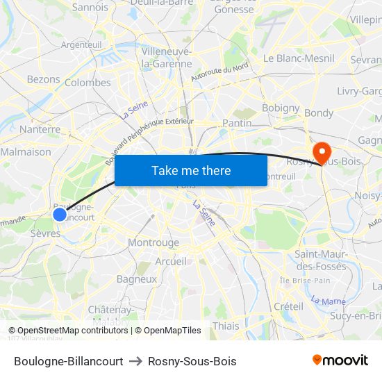 Boulogne-Billancourt to Rosny-Sous-Bois map