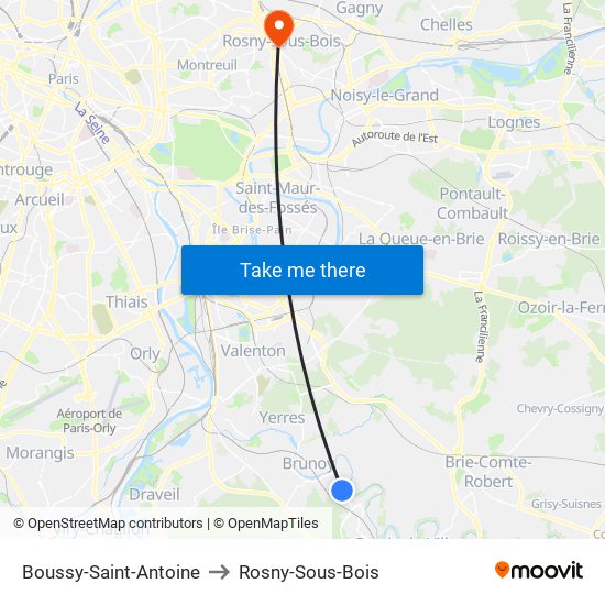 Boussy-Saint-Antoine to Rosny-Sous-Bois map