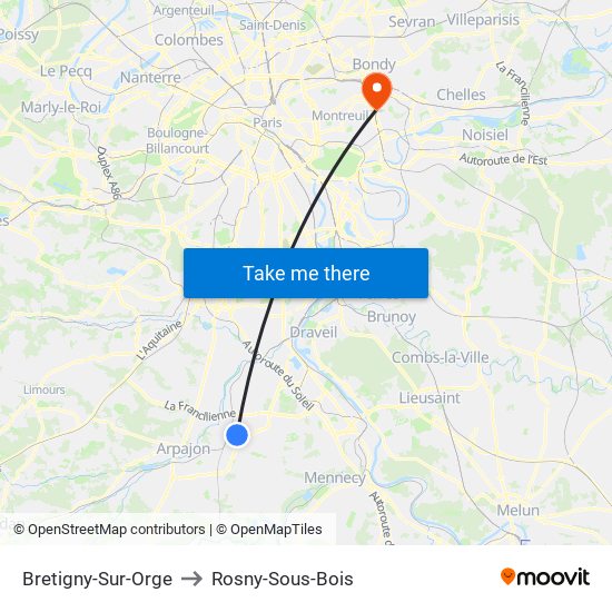 Bretigny-Sur-Orge to Rosny-Sous-Bois map