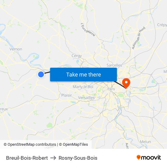 Breuil-Bois-Robert to Rosny-Sous-Bois map