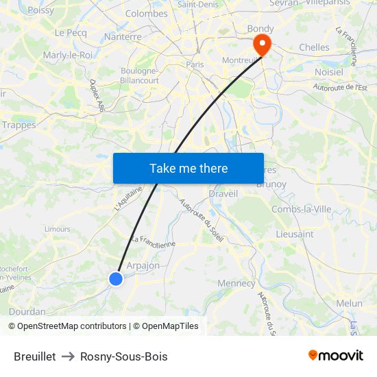 Breuillet to Rosny-Sous-Bois map