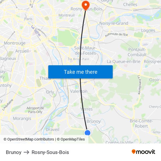 Brunoy to Rosny-Sous-Bois map