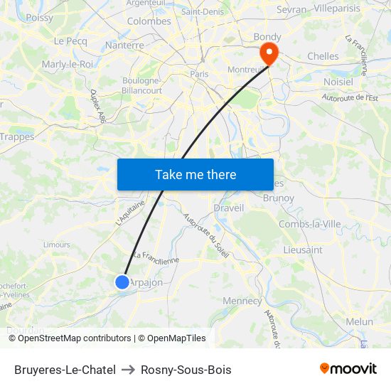 Bruyeres-Le-Chatel to Rosny-Sous-Bois map