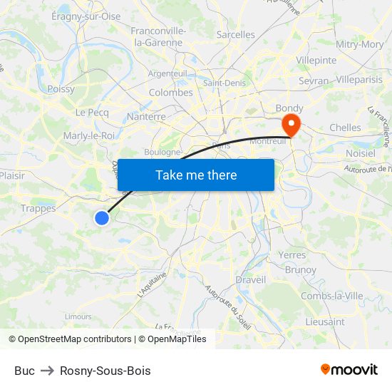 Buc to Rosny-Sous-Bois map