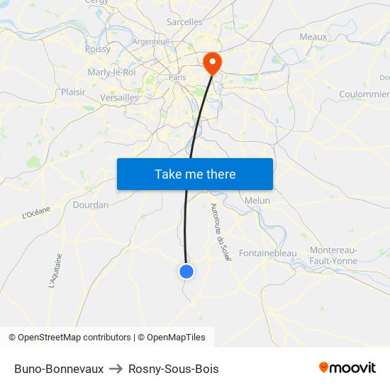 Buno-Bonnevaux to Rosny-Sous-Bois map