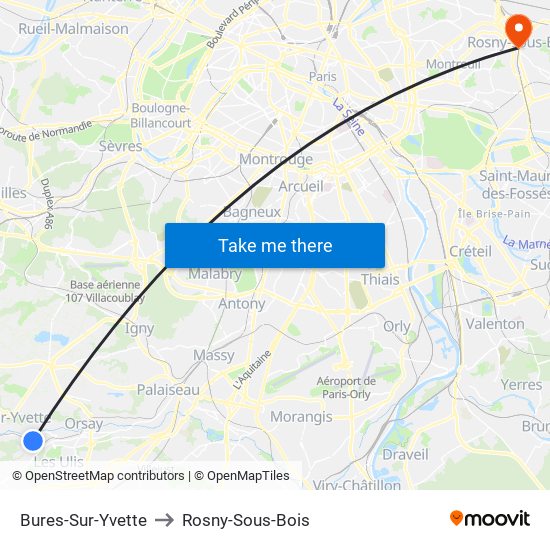 Bures-Sur-Yvette to Rosny-Sous-Bois map