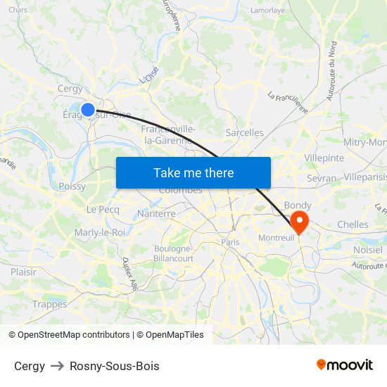 Cergy to Rosny-Sous-Bois map