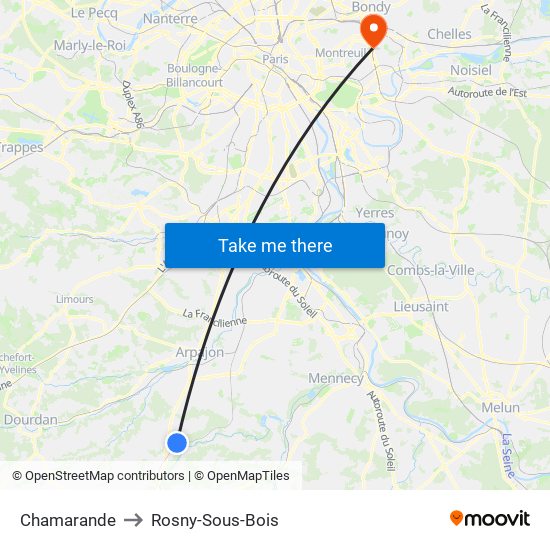 Chamarande to Rosny-Sous-Bois map
