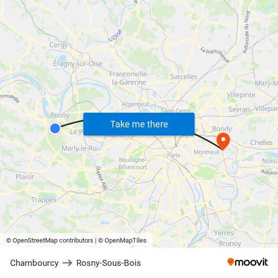 Chambourcy to Rosny-Sous-Bois map