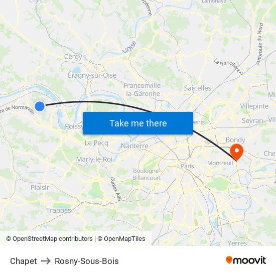 Chapet to Rosny-Sous-Bois map